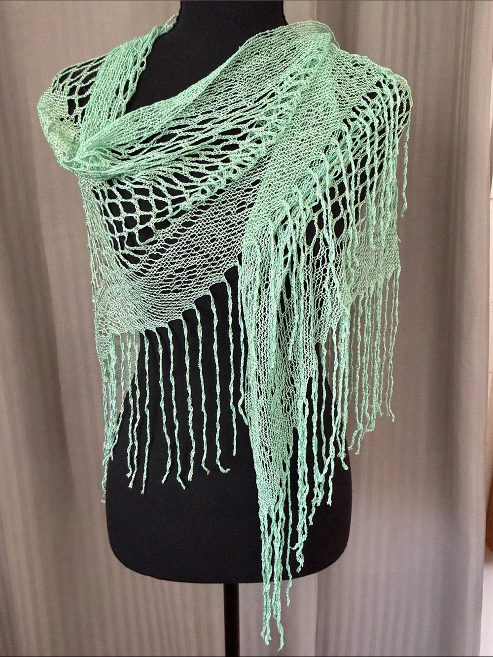Light Mint w/Gold Threading Knit Fringe Shawl Scarf